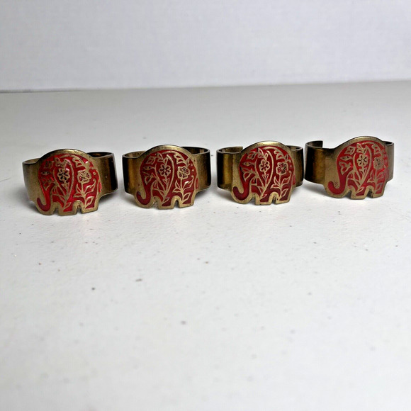 Vintage Brass Elephant Animal Napkin Rings Set Of 4 Marked India Gold Tone & Red - Picture 13 of 13